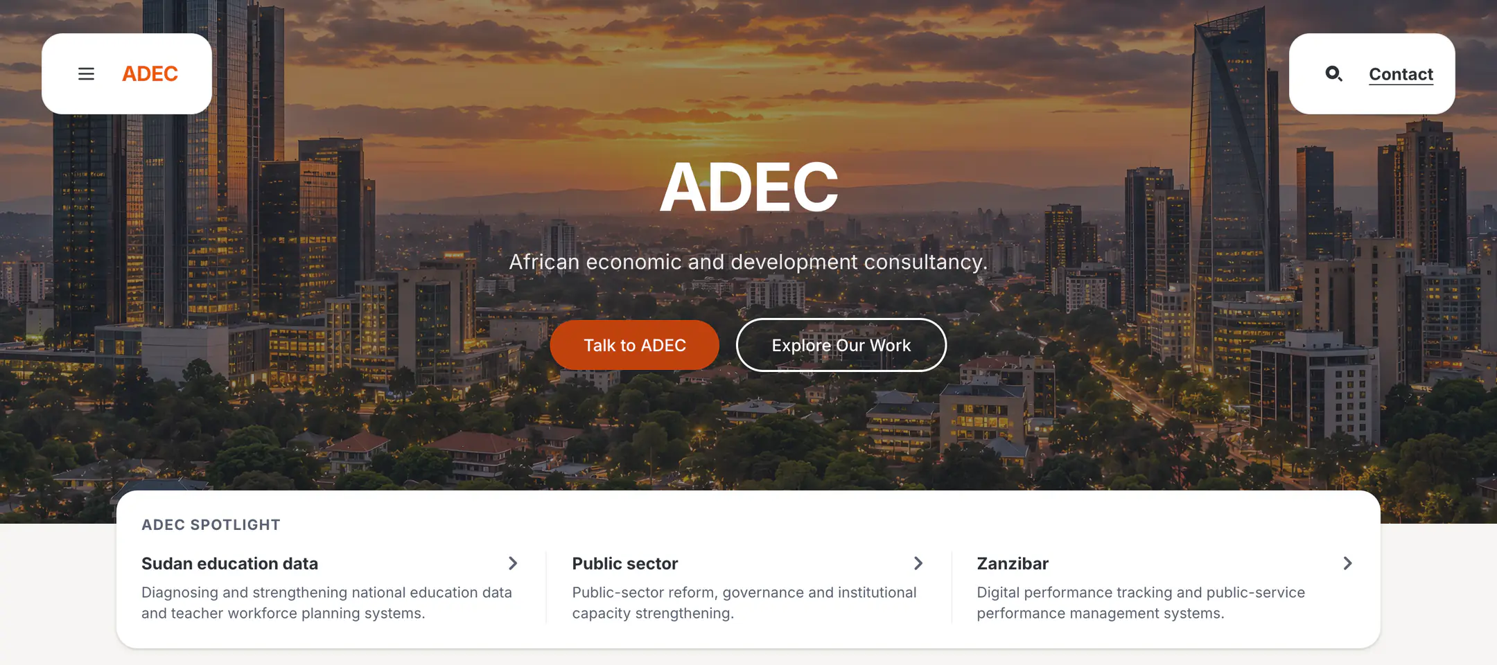 The ADEC website home page: the headline over a city skyline at dusk, and the spotlight on education data, public sector and Zanzibar