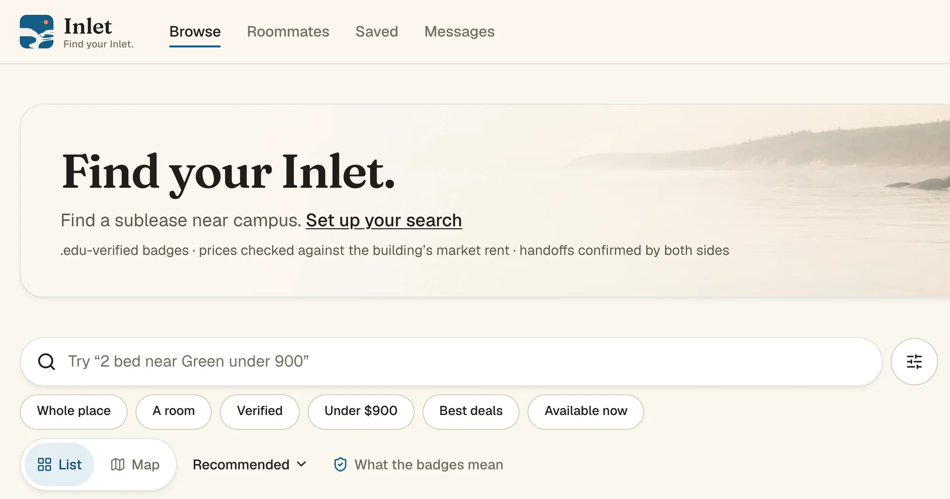 Inlet's search on app.inlet.house: the headline, the search box and filters for whole place, room, verified, price and best deals
